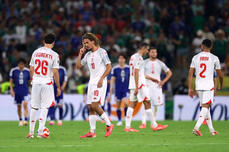 Soccer Football - FIFA World Cup 2026 - Group F - Tunisia v Japan - Estadio Monterrey, Monterrey, Mexico - June 20, 2026 Tunisia's Hannibal Mejbri gestures to Tunisia's Sebastian Tounekti after the team conceded a second goal REUTERS/Daniel Becerril